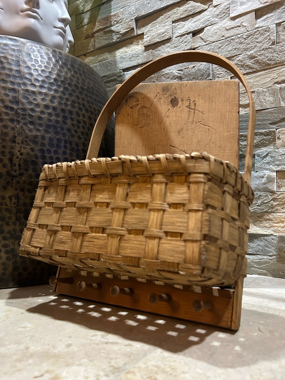 vintage handwoven wooden splint wall-hanging basket with a flat back & Key Hooks